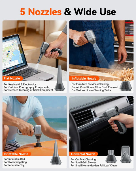 Electric Air Duster With 110000 RPM High-Speed Turbo Blast, Rechargeable 3-Speed Dust Blower with 5 nozzles for versatile cleaning.