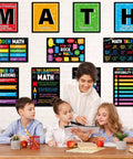 Teacher with students in classroom with 11 pcs math posters for classrooms, laminated bulletin board decor, teacher approved