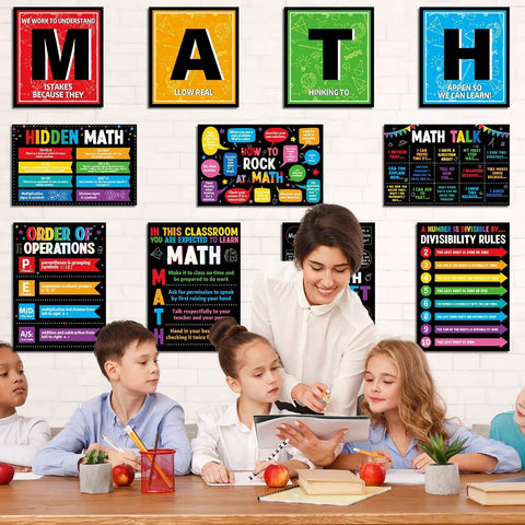Teacher with students in classroom with 11 pcs math posters for classrooms, laminated bulletin board decor, teacher approved