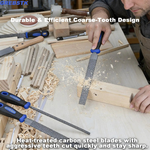 Solid Wood Rasp File Set Including Flat Half Round And Round Tool Heads For Tackling Every Kickass Carving Job in use on wood.
