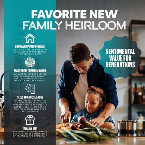 Wood cutting board on a kitchen counter being used by a man and child to chop vegetables.