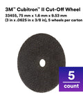 Cubitron II Cut Off Wheel 3 inch diameter 0.0625 inch thick with three eighths inch arbor, 5 pack shown in packaging