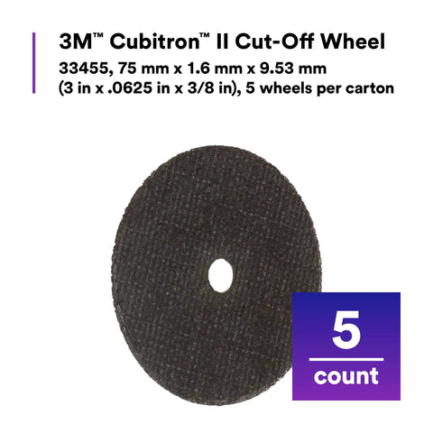 Cubitron II Cut Off Wheel 3 inch diameter 0.0625 inch thick with three eighths inch arbor, 5 pack shown in packaging