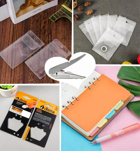 Collage featuring Heavy Duty One Hole Punch for Crafting and Card Making, portable handheld puncher, plastic tags, and scrapbook supplies