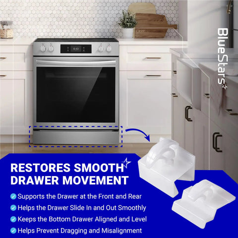 Heavy Duty Replacement Range Oven Drawer Glide Kit Includes Front and Rear Slides Fits Parts 3051162 and 3051163 is shown with smooth drawer glides.