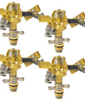 Heavy Duty Brass Impact Sprinklers Deliver Sick Durability, Adjustable Zero To Three Sixty Rotation For Huge Yard And Patio Watering, Rock Solid Build With Premium Nozzles, Fits Half Inch Pipe, Makes Your Landscape Look Fly, Reliable Four Piece Set. Four brass impact sprinklers with adjustable settings for efficient watering.