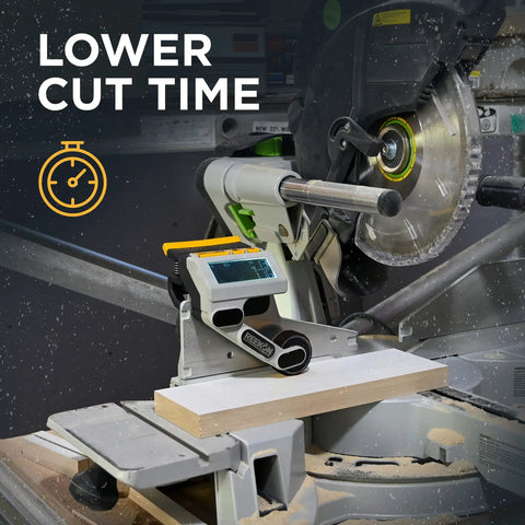 Caliber Measuring Tool For Miter Saws Pro Grade Time Saver installed on miter saw with digital backlit LCD display for accurate cuts.