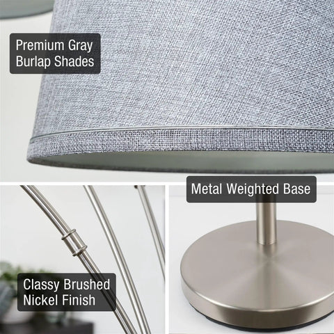 Close-up of Dope Modern Arc Floor Lamp With Three Lights And Heavy Weighted Base featuring gray burlap shades and nickel finish.