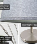 Arc Floor Lamp With 3 Lights, Standing 79 Inches Tall, Modern Brushed Nickel Finish With Gray Burlap Shades, Metal Base