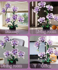 Purple Orchid Building Block Set With Vase, 619 Pieces, Phalaenopsis Floral Model Kit for various room settings.