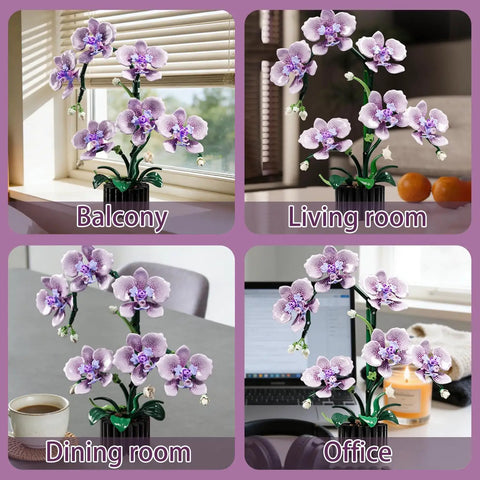 Purple Orchid Building Block Set With Vase, 619 Pieces, Phalaenopsis Floral Model Kit for various room settings.