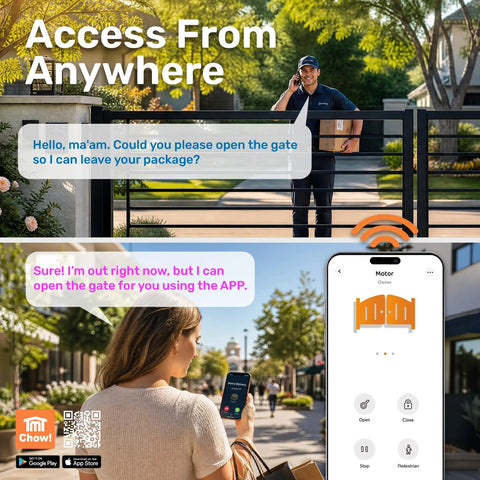 Heavy Duty Dual Swing Gate Opener Kit Handles Up To 20 Feet And 1200 Lbs With Smart App Control Remotes in use to open gate.