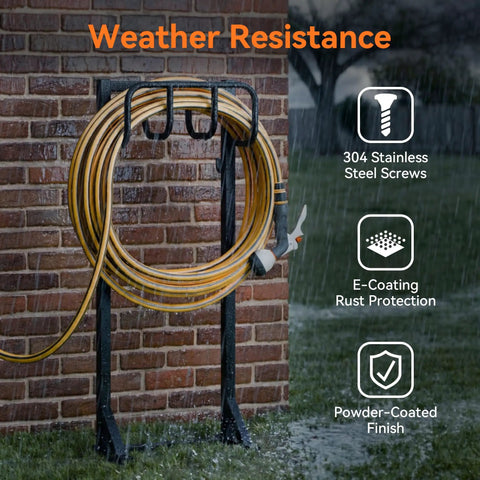 Freestanding Heavy Duty Garden Hose Holder Stand With Rustproof Steel Build Stable Base And Handy Tool Hooks in use outside a brick wall