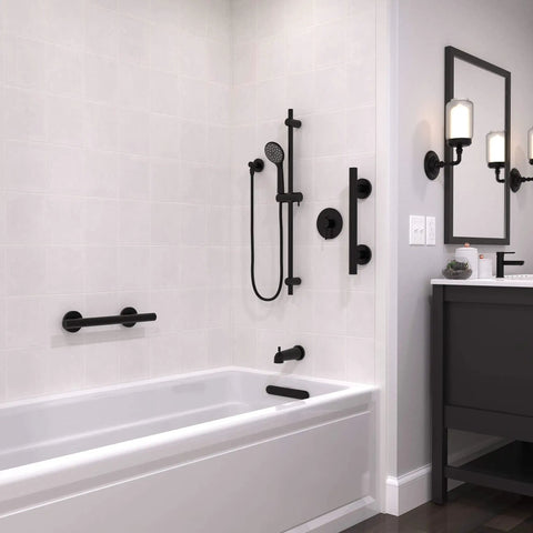Infinity Straight Designer Grab Bar One And A Quarter Inch By Sixteen Inch Matte Black ADA Compliant Stainless Steel installed in shower