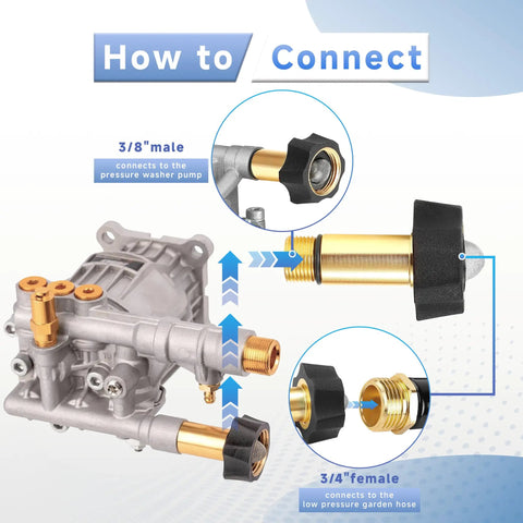 Pressure Washer Water Inlet Fitting Three Quarter Inch Female To Three Eighth Inch Male Quick Swap Replacement For Simpson Cleaning 7110166 Gold 2 Pack Pro Grade Easy Install Durable Build, connection guide image
