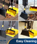 Commercial Broom And Dustpan Set With 54 Inch Long Handle For Indoor Outdoor Cleaning No Bending Back Design Ideal For Courtyards Garages Lobbies Markets Malls Homes And Offices Pet Hair Debris Trash Pickup With Durable Dustpan Comb shown in use on various surfaces with leaves and debris