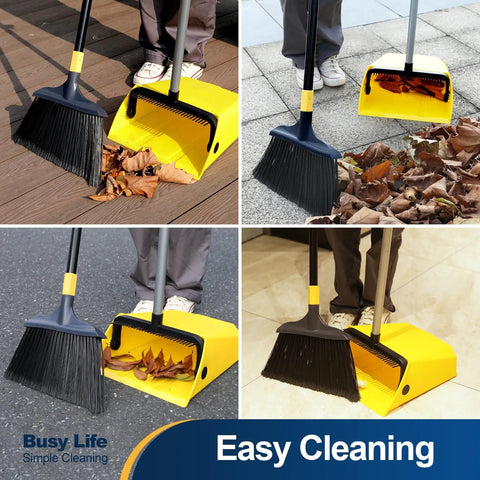 Commercial Broom And Dustpan Set With 54 Inch Long Handle For Indoor Outdoor Cleaning No Bending Back Design Ideal For Courtyards Garages Lobbies Markets Malls Homes And Offices Pet Hair Debris Trash Pickup With Durable Dustpan Comb shown in use on various surfaces with leaves and debris