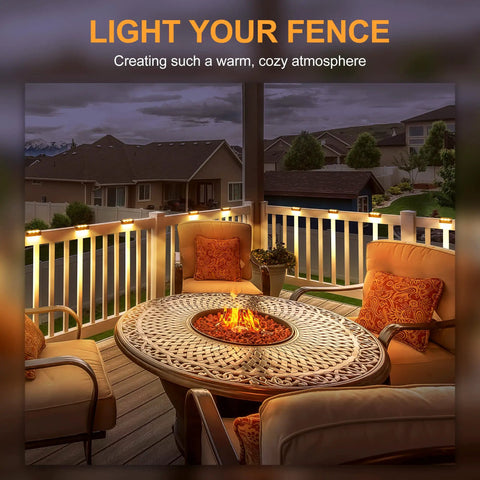 Six LED Solar Fence Lights Outdoor Waterproof Path Lighting For Decks Stairs Porch Balcony Walkways Garden And Yard IP65 16 Pack Warm White No Wiring illuminating a cozy patio