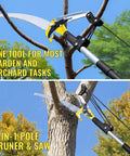 14.5Ft Pole Saw And Pruner 2-In-1 Extendable Long Handle Tree Trimmer with saw blade pruning a tree branch