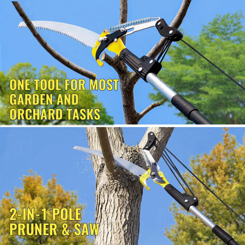 14.5Ft Pole Saw And Pruner 2-In-1 Extendable Long Handle Tree Trimmer with saw blade pruning a tree branch