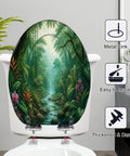 Elongated Tropical Rainforest Stream Waterfall Vibrant Plants Toilet Seat on a white toilet, featuring vibrant jungle scenery.