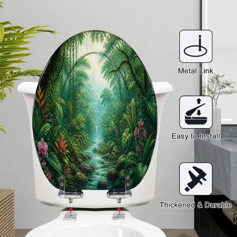 Elongated Tropical Rainforest Stream Waterfall Vibrant Plants Toilet Seat on a white toilet, featuring vibrant jungle scenery.
