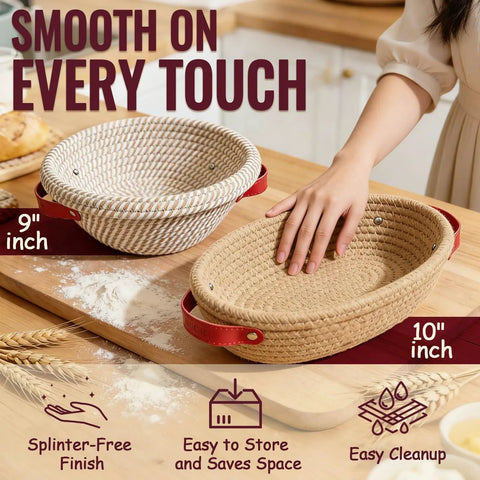 Person touching Complete Sourdough Starter Kit With Round 9 Inch Proofing Basket Oval 10 Inch Proofing Baskets on kitchen counter.
