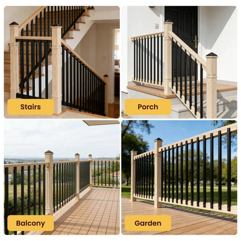 Rock Solid Black Aluminum Balusters 50 Pack 32 25 Inch Rust Proof Deck Spindles used in stairs, porch, balcony, and garden railings.