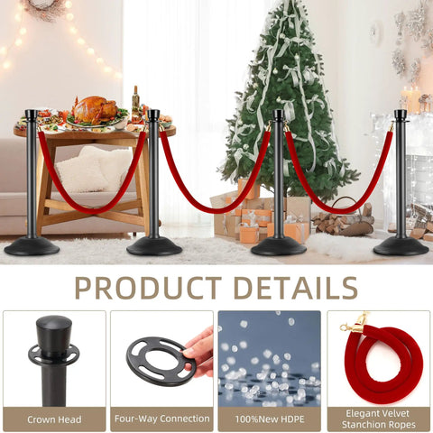 Stanchion Posts With Velvet Ropes Set Of 6 For Crowd Control Barriers No Fuss Setup; holiday decor in background, focus on connection feature.