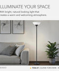 Black Torchiere Floor Lamp With Frosted White Shade next to a gray sofa in a living room setting, 71-Inch Tall Modern Accent Lighting.