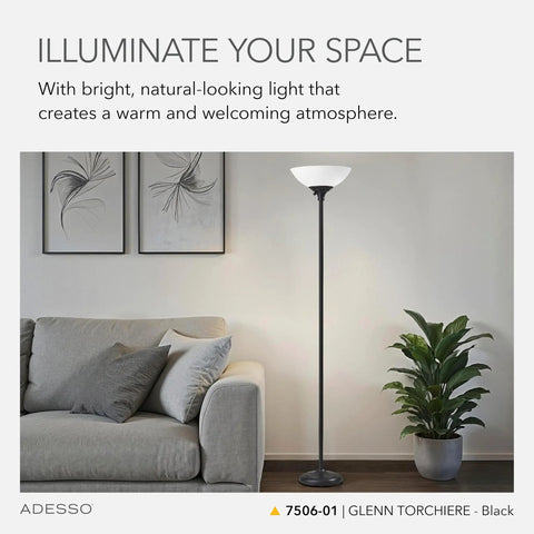 Black Torchiere Floor Lamp With Frosted White Shade next to a gray sofa in a living room setting, 71-Inch Tall Modern Accent Lighting.