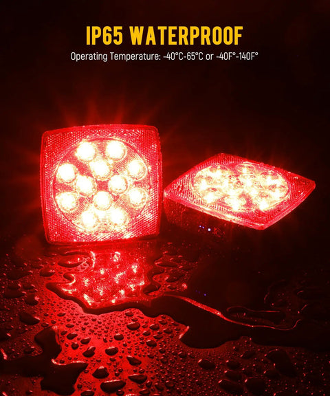 Wireless Magnetic LED Trailer Lights Kit with 7 Pin Plug, glowing red square lights on wet surface, for trucks and RVs