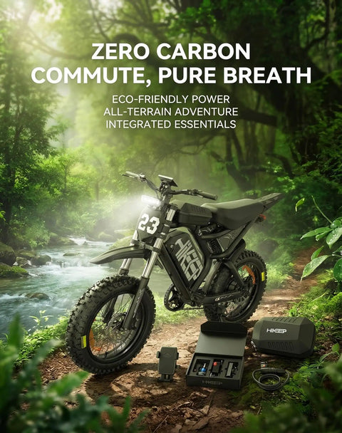 Beast Mode 3000W Electric Dirt Bike For Adults With 20 Inch All Terrain Fat Tires by a stream in forest