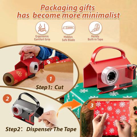 Game Changing Gift Wrap Cutter With Built In Tape Dispenser in use, demonstrating cutting and taping techniques for gift wrapping.