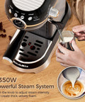 Pro Espresso Maker With Auto Milk Frother 20 Bar Pressure brews silky lattes and cappuccinos showing steam wand and milk pitcher.