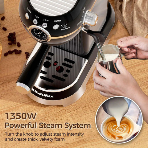 Pro Espresso Maker With Auto Milk Frother 20 Bar Pressure brews silky lattes and cappuccinos showing steam wand and milk pitcher.