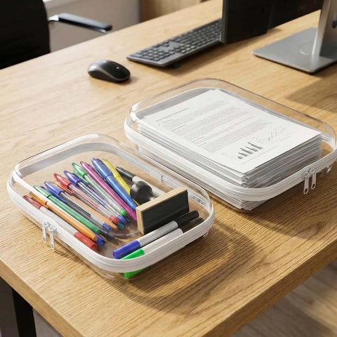 Slick Clear Hard Shell Zipper Case Set With 9 Multi Size Compartments storing pens and papers on an office desk.