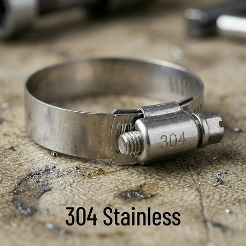 Close-up of a single 304 stainless steel hose clamp from 30Pcs 304 Stainless Steel Hose Clamps Set With 6-51mm Adjustable Worm Gear Clamps.
