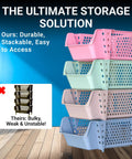 4 Pack Stackable Open Front Storage Bins for Pantry Organization displayed in pink, green, and blue, highlighting durable plastic design
