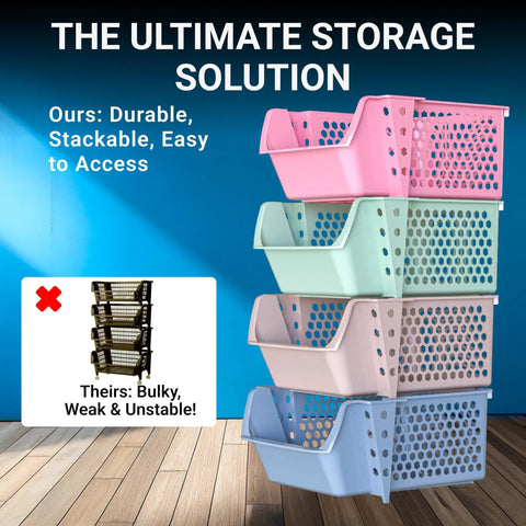 4 Pack Stackable Open Front Storage Bins for Pantry Organization displayed in pink, green, and blue, highlighting durable plastic design