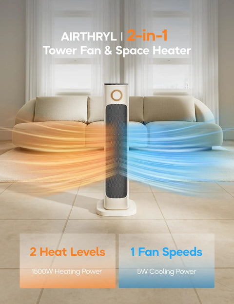 25 Inch Infrared Space Heater 1500W With Remote For Fast Warm Up, shown in living room with orange and blue airflow.