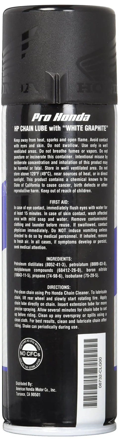 Back view of Honda Pro Chain Lube With White Graphite 15 Oz For Motorcycle Chains O Ring And Non O Ring Long Lasting Weather Resistant