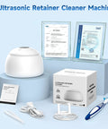 Keep Your Mouth Straight Fire Clean With This Ultrasonic Retainer Cleaner Using 45Khz Uv Deep Tech To Blast Away Grime And Plaque From Dentures And Aligners For Effortless Daily Care And Bright Results - White ultrasonic retainer cleaner on display with accessories.