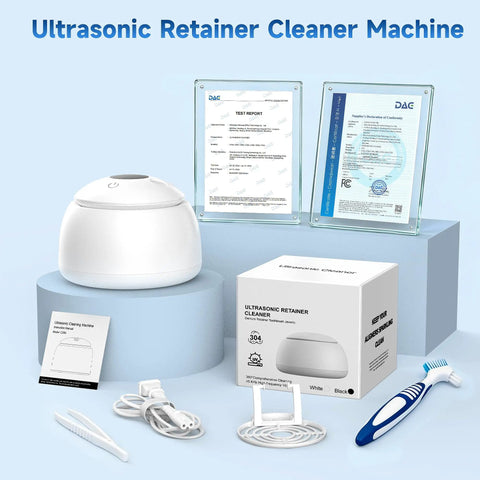 Keep Your Mouth Straight Fire Clean With This Ultrasonic Retainer Cleaner Using 45Khz Uv Deep Tech To Blast Away Grime And Plaque From Dentures And Aligners For Effortless Daily Care And Bright Results - White ultrasonic retainer cleaner on display with accessories.