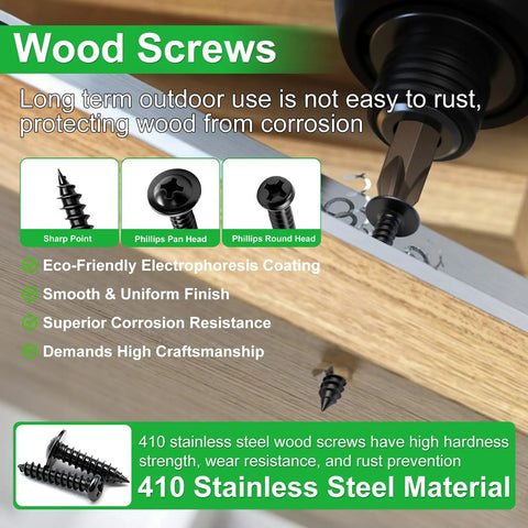 All In One Wood Screws Set In 410 Stainless Steel with sharp point, pan head, round head, in wood application