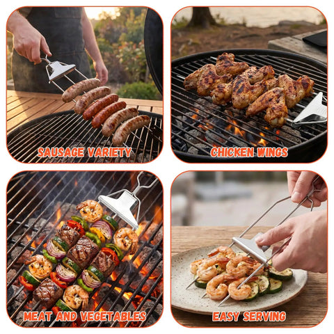 Cooking sausages, chicken wings, shrimp, veggies on grill using 3 Way Grill Skewers With Push Off Slider 14.7 Inch Stainless Steel Kabob Sticks
