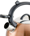 Close-up of Flintshire 1.75 Quart Stainless Steel Whistling Tea Kettle With Copper Finish Flip Up Spout Cover Stay Cool Nylon Handle