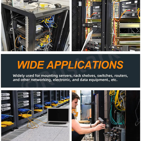 Heavy Duty 40 Piece Carbon Steel Cage Nut Assortment Kit With Snap In Square Rack Mount Clips For Server Cabinets And Electronic Shelves in action, securing networking equipment.