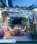 Two Pack Of 33 Feet Solar String Lights With 100 LEDs Each, Outdoor Waterproof Fairy Lights With 8 Modes, White Warm Glow on patio
