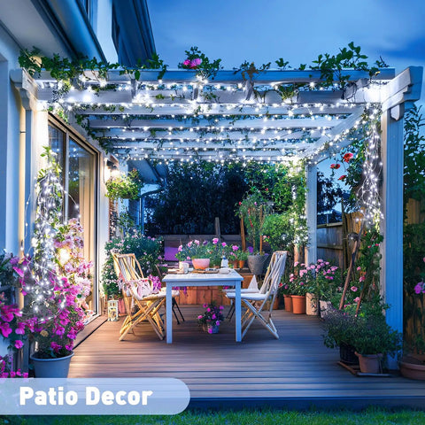 Two Pack Of 33 Feet Solar String Lights With 100 LEDs Each, Outdoor Waterproof Fairy Lights With 8 Modes, White Warm Glow on patio